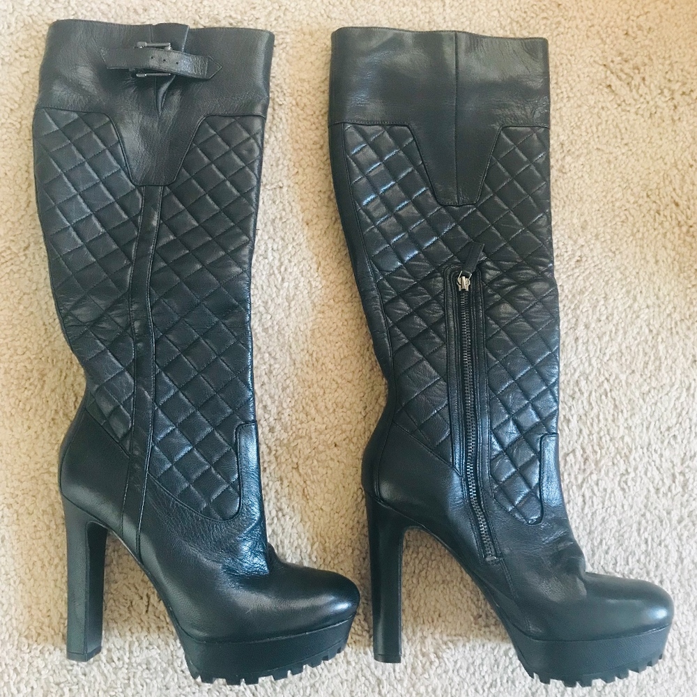 High-heel platform brown leather boots